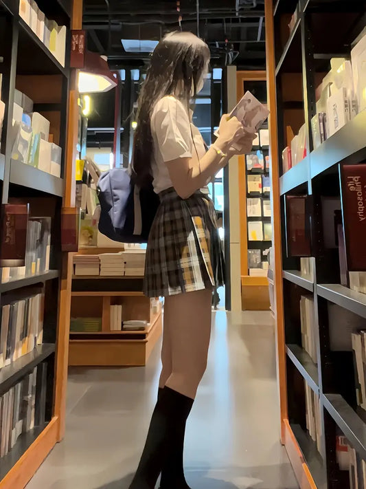 Three-piece Original Genuine JK Uniform Set Japanese Short-Sleeved Shirt Versatile Plaid Skirt High Blouse (Shirt + Tie + Plaid Skirt