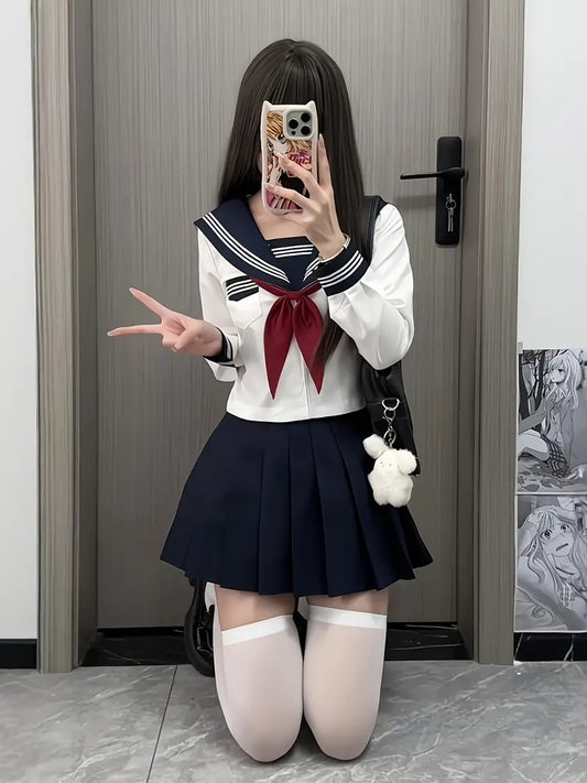 JK Style Three-Panel Sailor Uniform Three-Ten Neck JK Uniform College Set Basic Long Sleeve Set