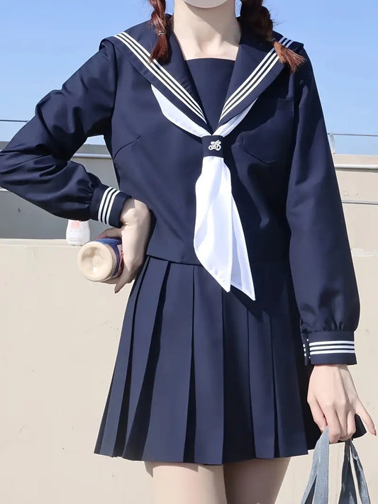 Oriented Solid Navy Blue JK Uniform s' Basic Style Sailor Suit Set with Pleated Skirt